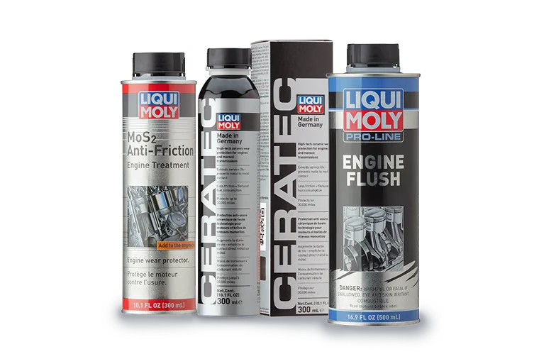 Three LIQUI MOLY engine additives, including MOS2 Anti-Friction, Ceratec, and Engine Flush, displayed upright.