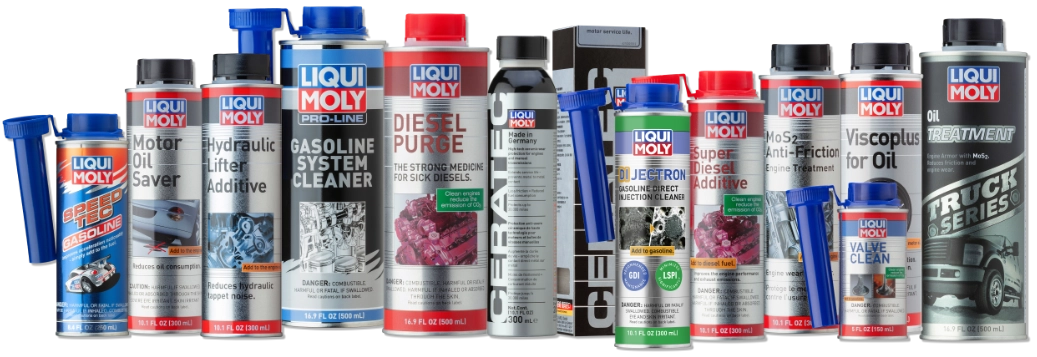Wide range of LIQUI MOLY automotive additives and cleaners for fuel, oil, and engine systems arranged in a row.