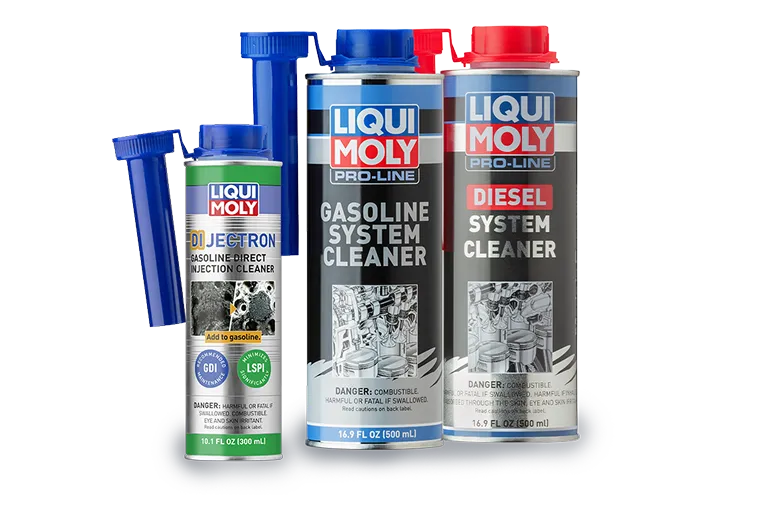 Three LIQUI MOLY fuel additives for gasoline and diesel systems, including injector cleaner, displayed upright.
