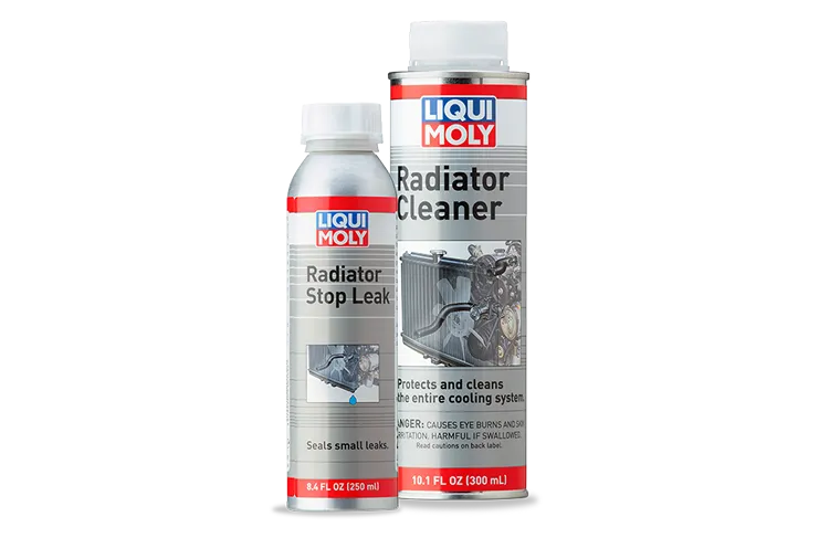Two LIQUI MOLY radiator additives, including cleaner and stop leak, shown in bottles of different sizes.