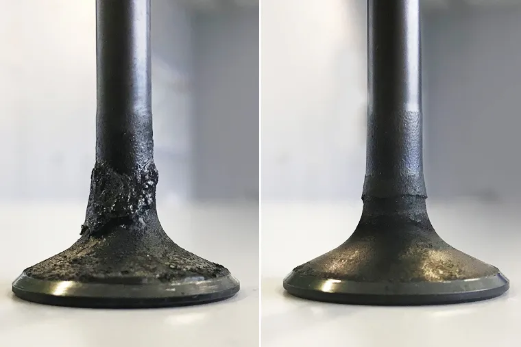 Close-up comparison of a metal valve head, showing heavy buildup on the left and a clean surface on the right.